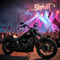 A striking blend of Harley Davidson motorcycles and the intense atmosphere of a Slipknot concert, featuring a powerful dark motorcycle with a matte finish against a backdrop of a high-energy live performance