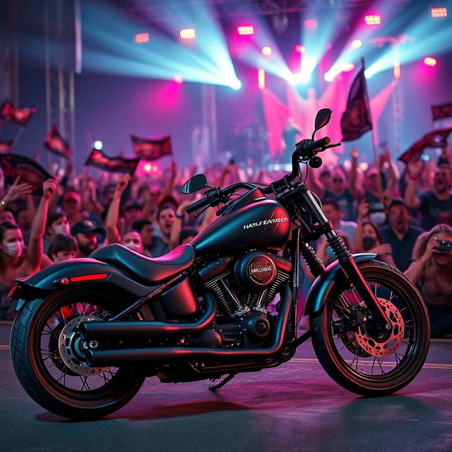 A striking blend of Harley Davidson motorcycles and the intense atmosphere of a Slipknot concert, featuring a powerful dark motorcycle with a matte finish against a backdrop of a high-energy live performance