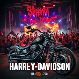 A striking blend of Harley Davidson motorcycles and the intense atmosphere of a Slipknot concert, featuring a powerful dark motorcycle with a matte finish against a backdrop of a high-energy live performance