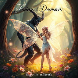 A captivating book cover illustrating a romance between a fairy and a demon