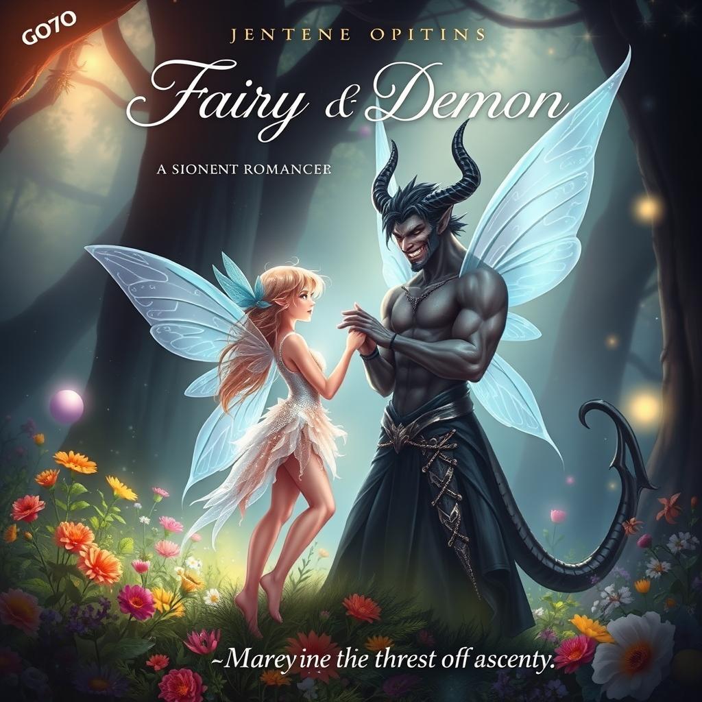 A captivating book cover illustrating a romance between a fairy and a demon