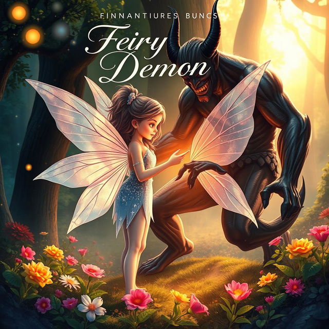 A captivating book cover illustrating a romance between a fairy and a demon