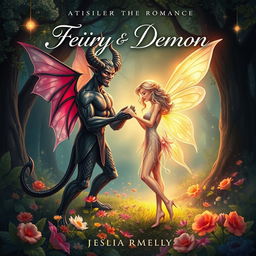 A captivating book cover illustrating a romance between a fairy and a demon