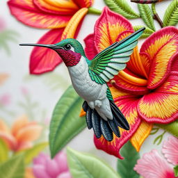 A stunningly embroidered depiction of a hummingbird hovering gracefully near a vibrant flower