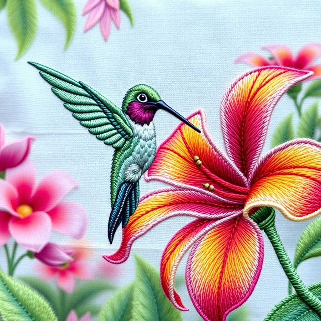 A stunningly embroidered depiction of a hummingbird hovering gracefully near a vibrant flower