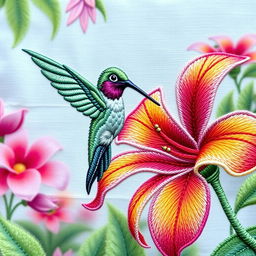 A stunningly embroidered depiction of a hummingbird hovering gracefully near a vibrant flower