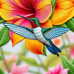 A stunningly embroidered depiction of a hummingbird hovering gracefully near a vibrant flower