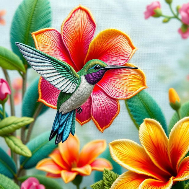 A stunningly embroidered depiction of a hummingbird hovering gracefully near a vibrant flower