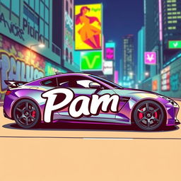 A vibrant and colorful graphic of a car with the word 'Pam' stylishly written across its side