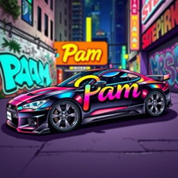 A vibrant and colorful graphic of a car with the word 'Pam' stylishly written across its side