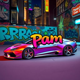 A vibrant and colorful graphic of a car with the word 'Pam' stylishly written across its side