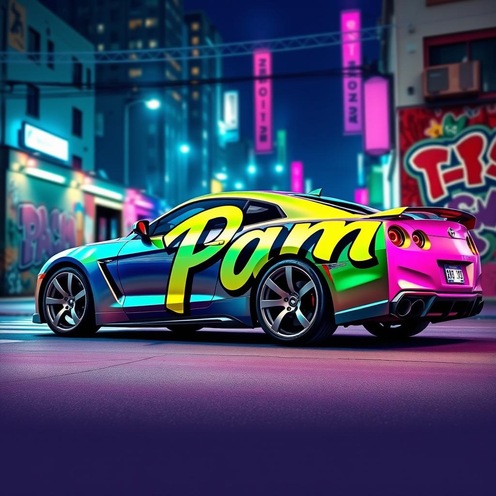 A vibrant and colorful graphic of a car with the word 'Pam' stylishly written across its side