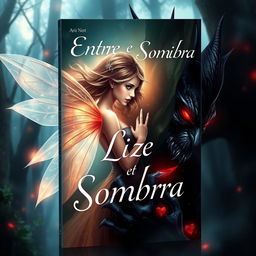 A captivating book cover for 'Entre Liz e Sombra', featuring a beautiful and ethereal fairy with shimmering wings, and a dark, mysterious demon with sharp features and glowing red eyes