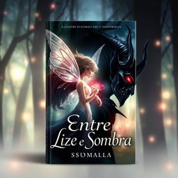 A captivating book cover for 'Entre Liz e Sombra', featuring a beautiful and ethereal fairy with shimmering wings, and a dark, mysterious demon with sharp features and glowing red eyes