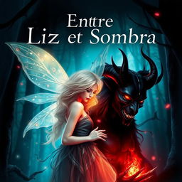 A captivating book cover for 'Entre Liz e Sombra', featuring a beautiful and ethereal fairy with shimmering wings, and a dark, mysterious demon with sharp features and glowing red eyes