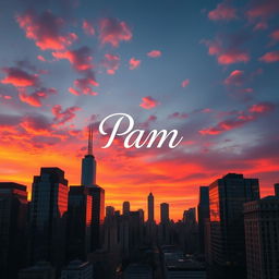 A stunning city skyline featuring a vibrant sunset, with colorful clouds reflecting in the glass windows of skyscrapers