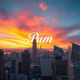 A stunning city skyline featuring a vibrant sunset, with colorful clouds reflecting in the glass windows of skyscrapers