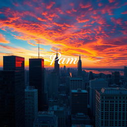 A stunning city skyline featuring a vibrant sunset, with colorful clouds reflecting in the glass windows of skyscrapers