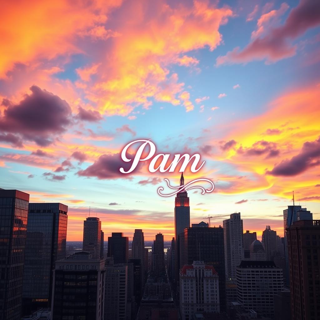 A stunning city skyline featuring a vibrant sunset, with colorful clouds reflecting in the glass windows of skyscrapers