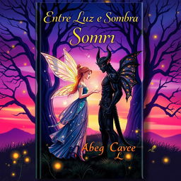 A captivating book cover for a novel titled 'Entre Luz e Sombra' that tells the romance between a fairy and a demon