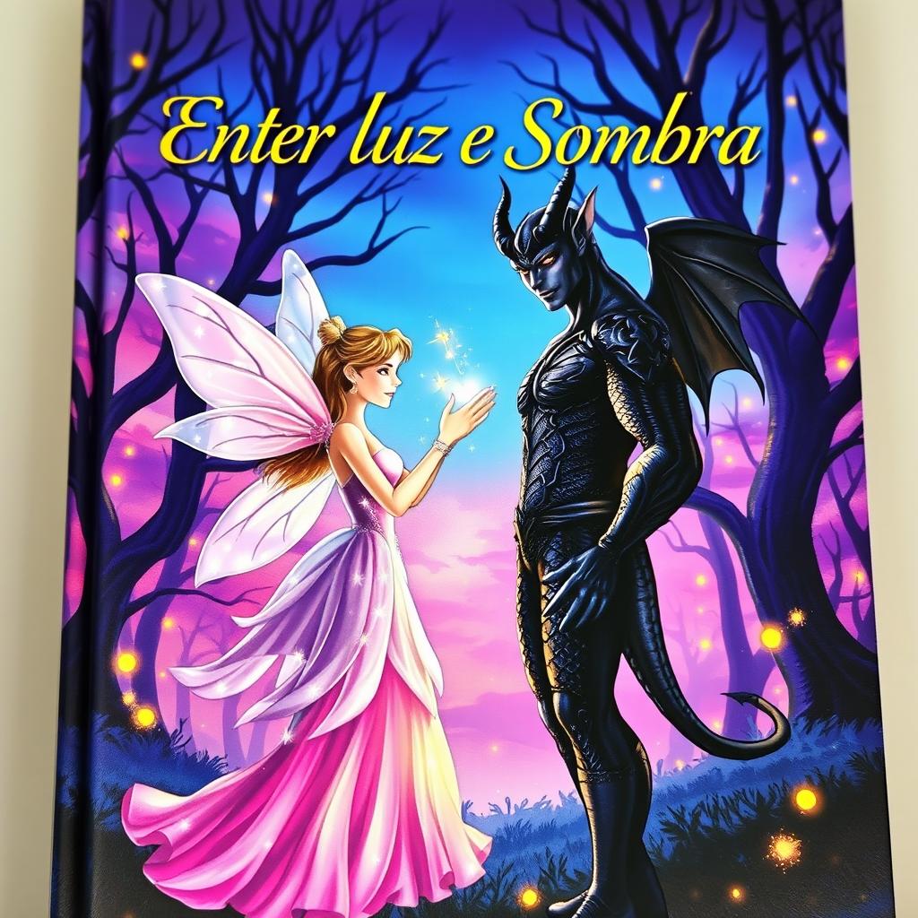 A captivating book cover for a novel titled 'Entre Luz e Sombra' that tells the romance between a fairy and a demon