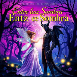 A captivating book cover for a novel titled 'Entre Luz e Sombra' that tells the romance between a fairy and a demon