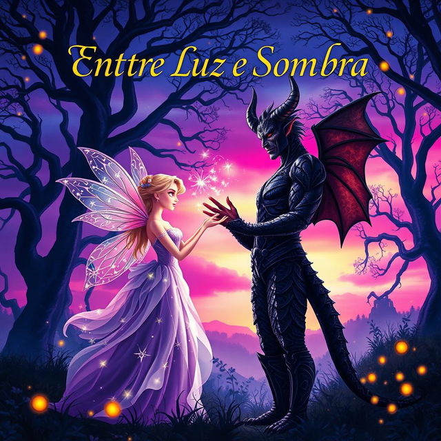 A captivating book cover for a novel titled 'Entre Luz e Sombra' that tells the romance between a fairy and a demon