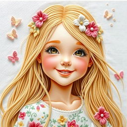A beautifully embroidered portrait of a girl with long, flowing hair adorned with delicate flowers