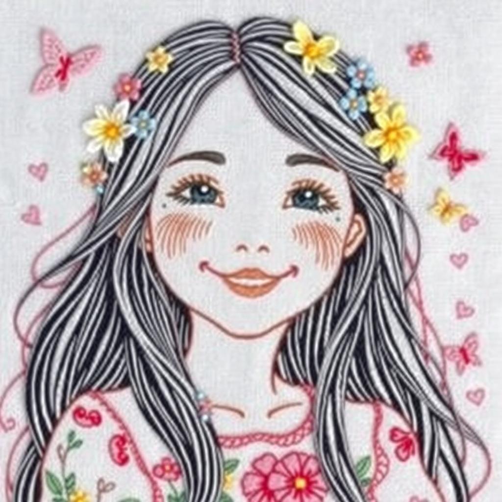 A beautifully embroidered portrait of a girl with long, flowing hair adorned with delicate flowers