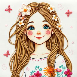 A beautifully embroidered portrait of a girl with long, flowing hair adorned with delicate flowers