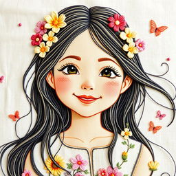 A beautifully embroidered portrait of a girl with long, flowing hair adorned with delicate flowers