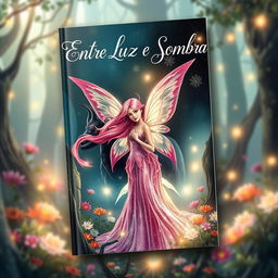 A captivating book cover design for 'Entre Luz e Sombra', illustrating a romantic story between a beautiful pink-haired fairy and a dark, alluring demon