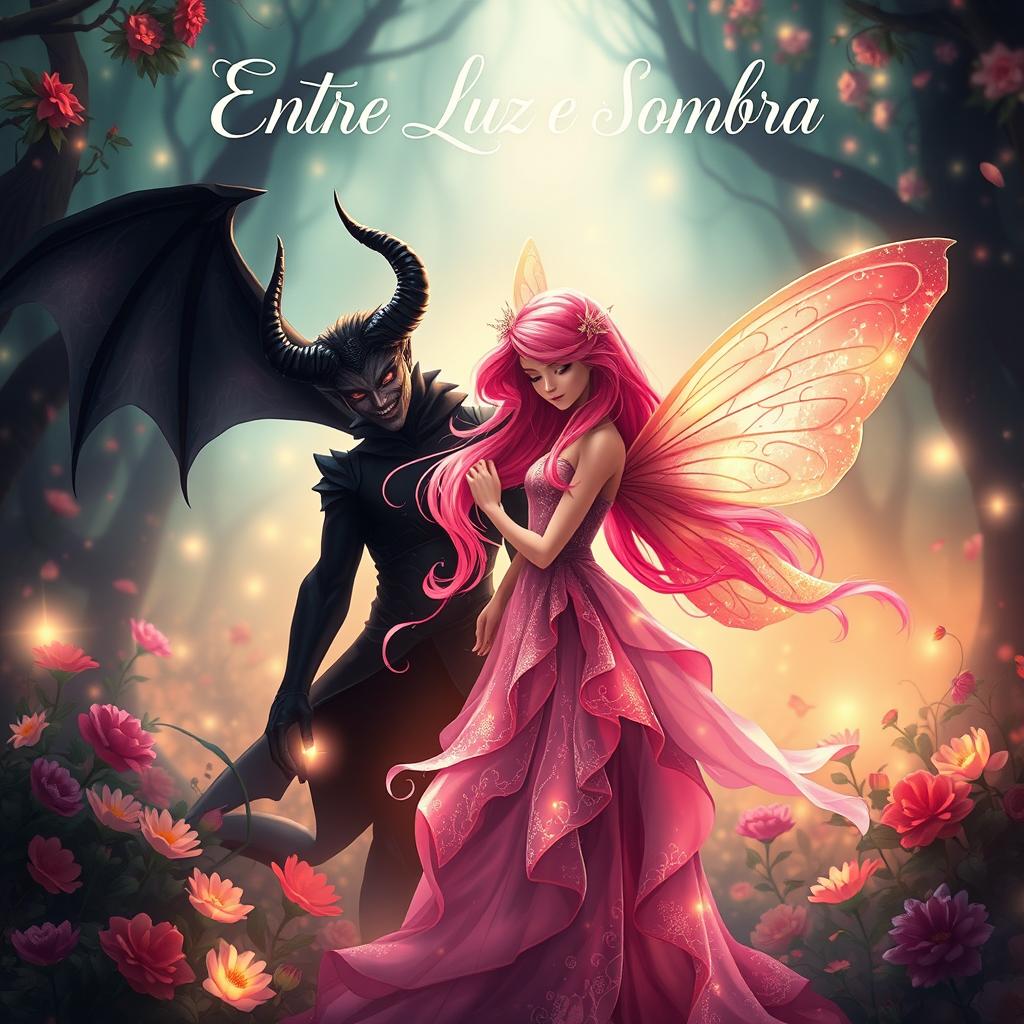 A captivating book cover design for 'Entre Luz e Sombra', illustrating a romantic story between a beautiful pink-haired fairy and a dark, alluring demon