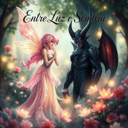 A captivating book cover design for 'Entre Luz e Sombra', illustrating a romantic story between a beautiful pink-haired fairy and a dark, alluring demon