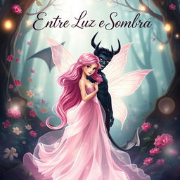 A captivating book cover design for 'Entre Luz e Sombra', illustrating a romantic story between a beautiful pink-haired fairy and a dark, alluring demon