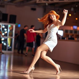 A beautiful redhead woman dancing gracefully in a stylish short white dress