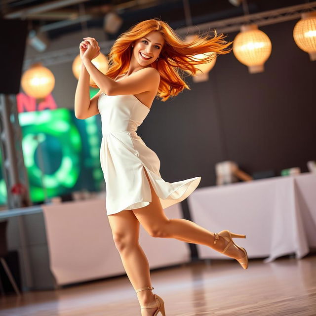 A beautiful redhead woman dancing gracefully in a stylish short white dress