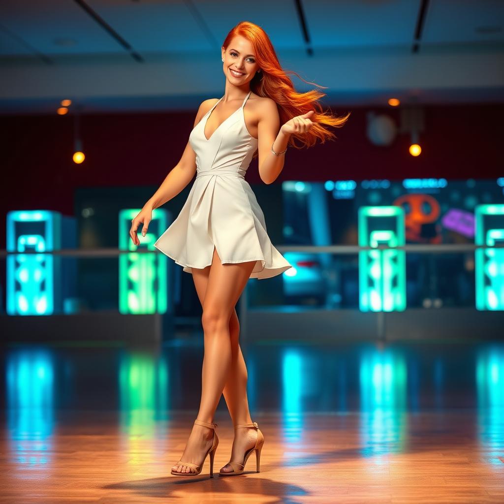 A beautiful redhead woman dancing gracefully in a stylish short white dress