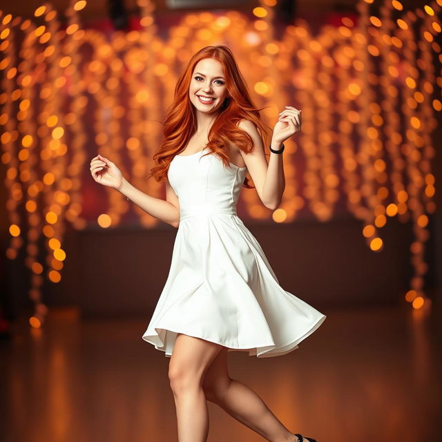 A beautiful redhead woman dancing joyfully in a chic short white dress that flares out as she moves