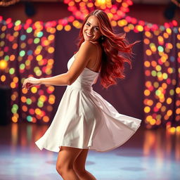 A beautiful redhead woman dancing joyfully in a chic short white dress that flares out as she moves