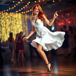 A beautiful redhead woman dancing joyfully in a chic short white dress that flares out as she moves