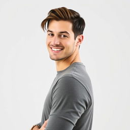 A half-body portrait of a confident man with a stylish look, featuring well-groomed short hair and a charming smile