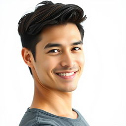 A half-body portrait of a confident man with a stylish look, featuring well-groomed short hair and a charming smile