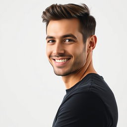 A half-body portrait of a confident man with a stylish look, featuring well-groomed short hair and a charming smile