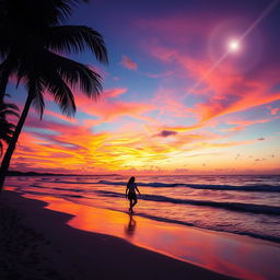 Edit a photo of a stunning sunset over a serene beach, with vibrant orange and purple hues in the sky reflecting on the calm waves