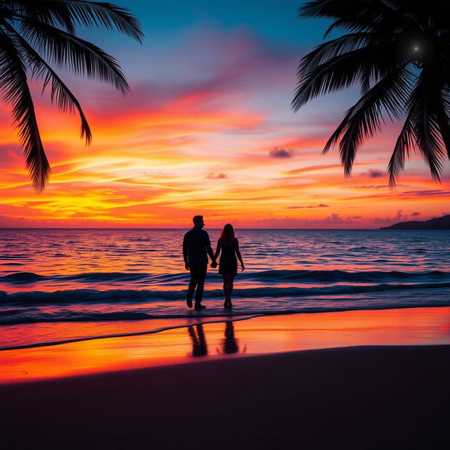 Edit a photo of a stunning sunset over a serene beach, with vibrant orange and purple hues in the sky reflecting on the calm waves