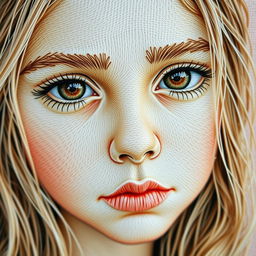 An exquisitely embroidered portrait of a girl showcasing intricate facial textures and details