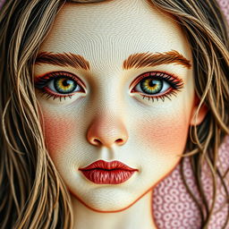 An exquisitely embroidered portrait of a girl showcasing intricate facial textures and details