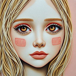 An exquisitely embroidered portrait of a girl showcasing intricate facial textures and details