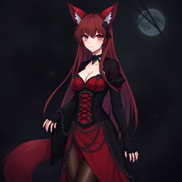 A stunning gothic anime girl Kitsune with long, sexy red hair, wearing a captivating long red and black Japanese-style dress adorned with numerous chains